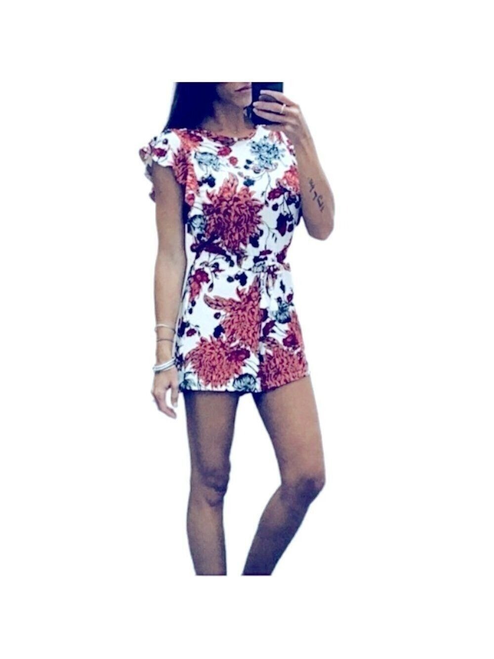 Floral Romper Jumpsuit White Red Black Pink